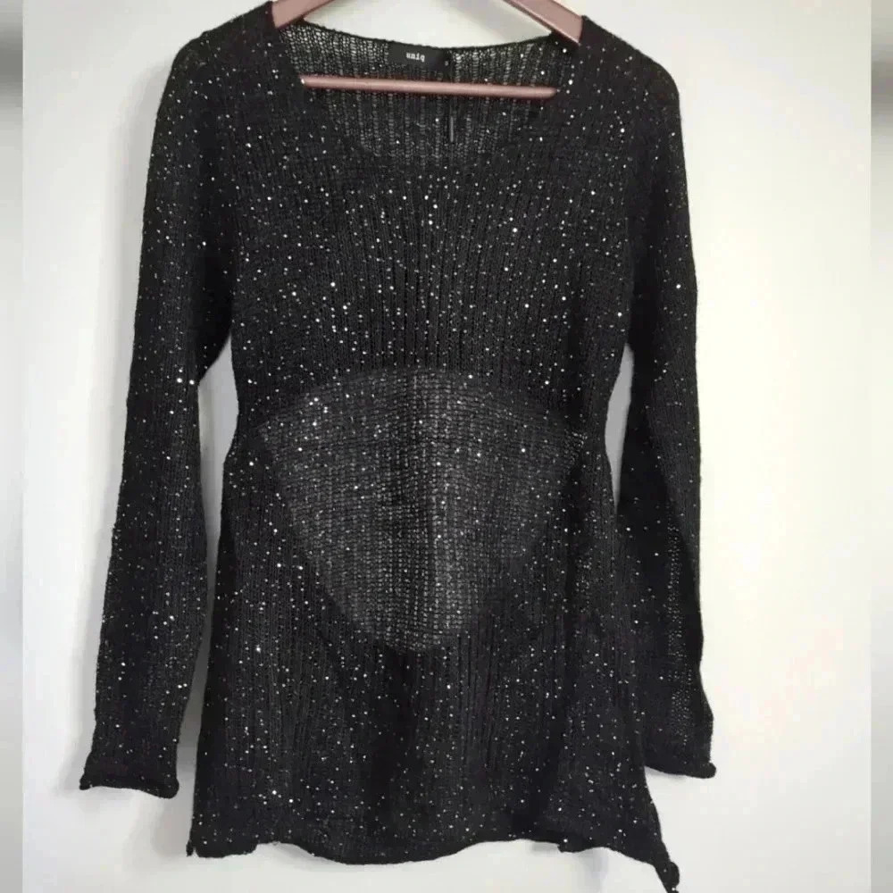 UNIQ | Black and  Silver Sheer Long Sleeve Cutout Sweater Size small